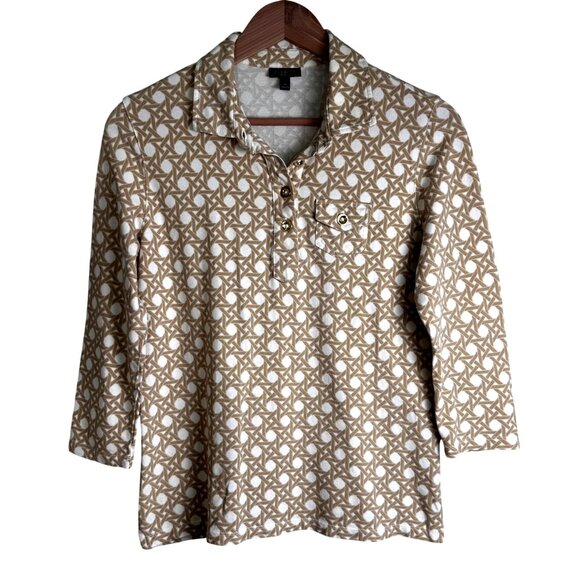 Talbots Womens Beige & White Geometric Print Polo Shirt With 3/4 Sleeves Sz M - Picture 1 of 9